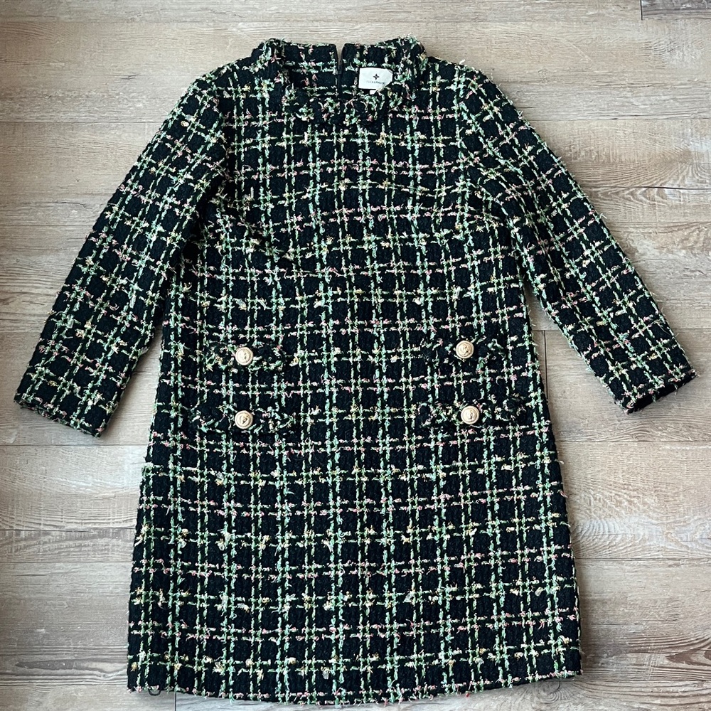 Tuckernuck size small l/s Black Tweed  Dress with Green, gold & Red Accents